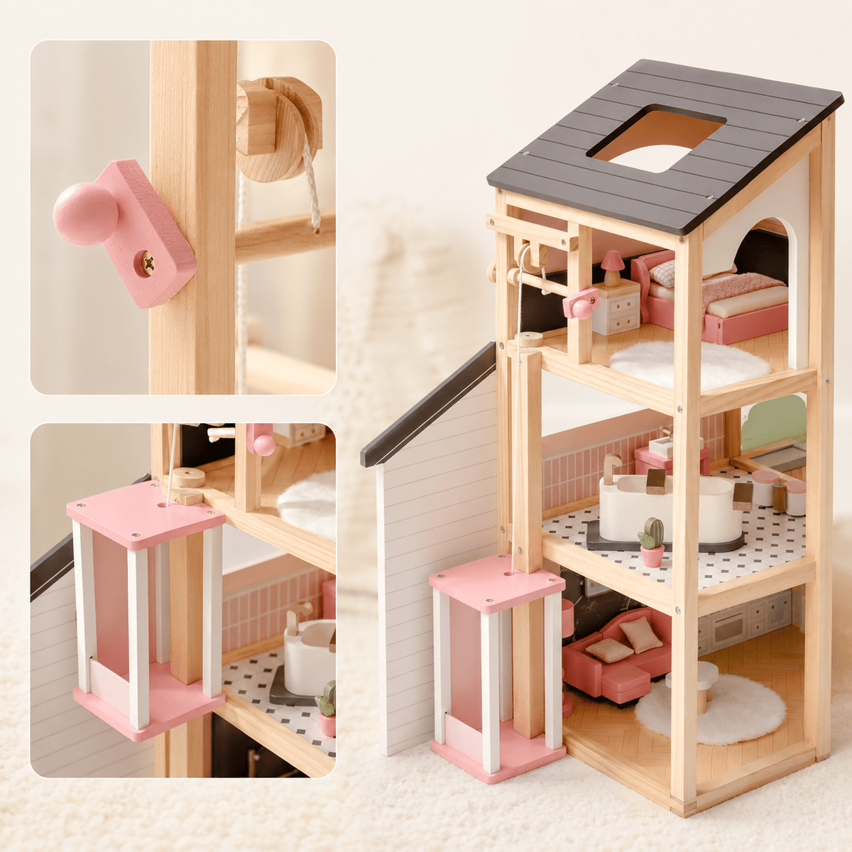 Houten poppenhuis met meubelset voor kinderen Montessori & Speelgoed