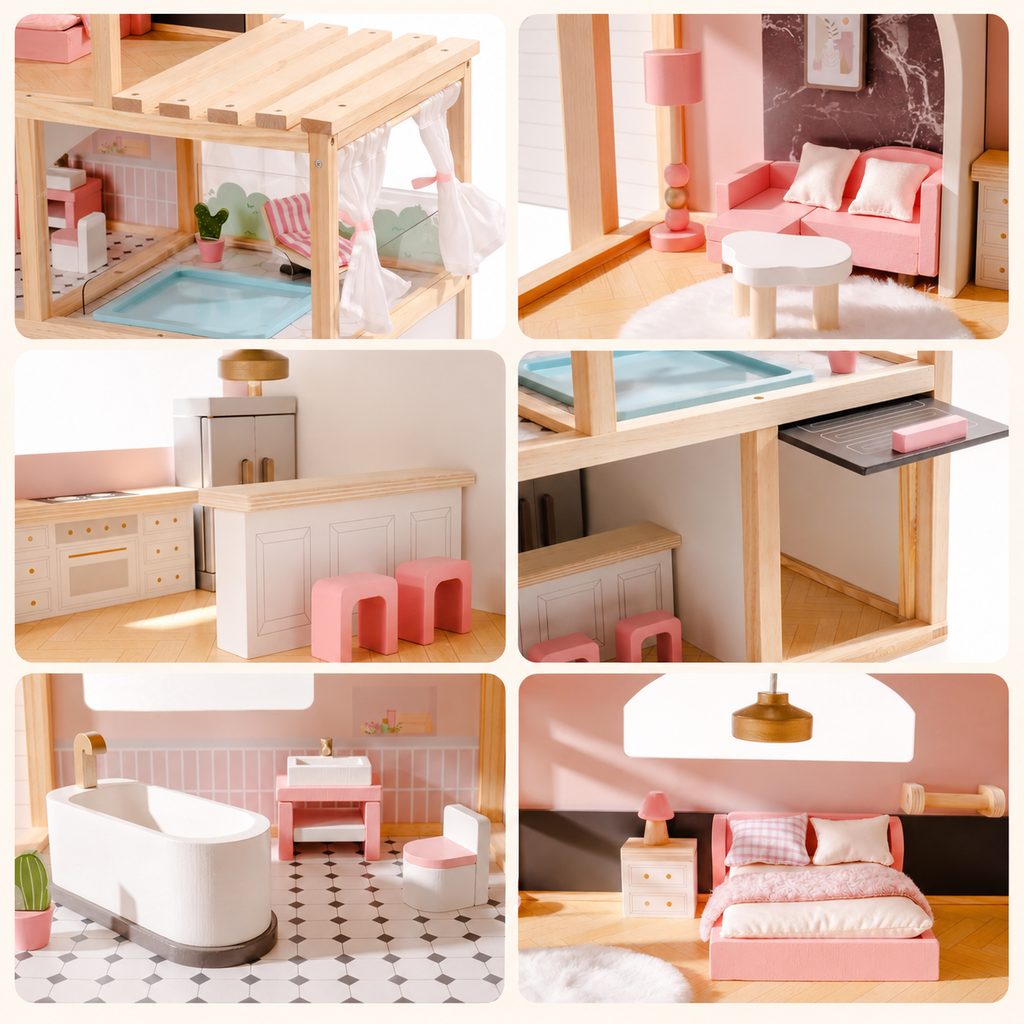 Houten poppenhuis met meubelset voor kinderen Montessori & Speelgoed