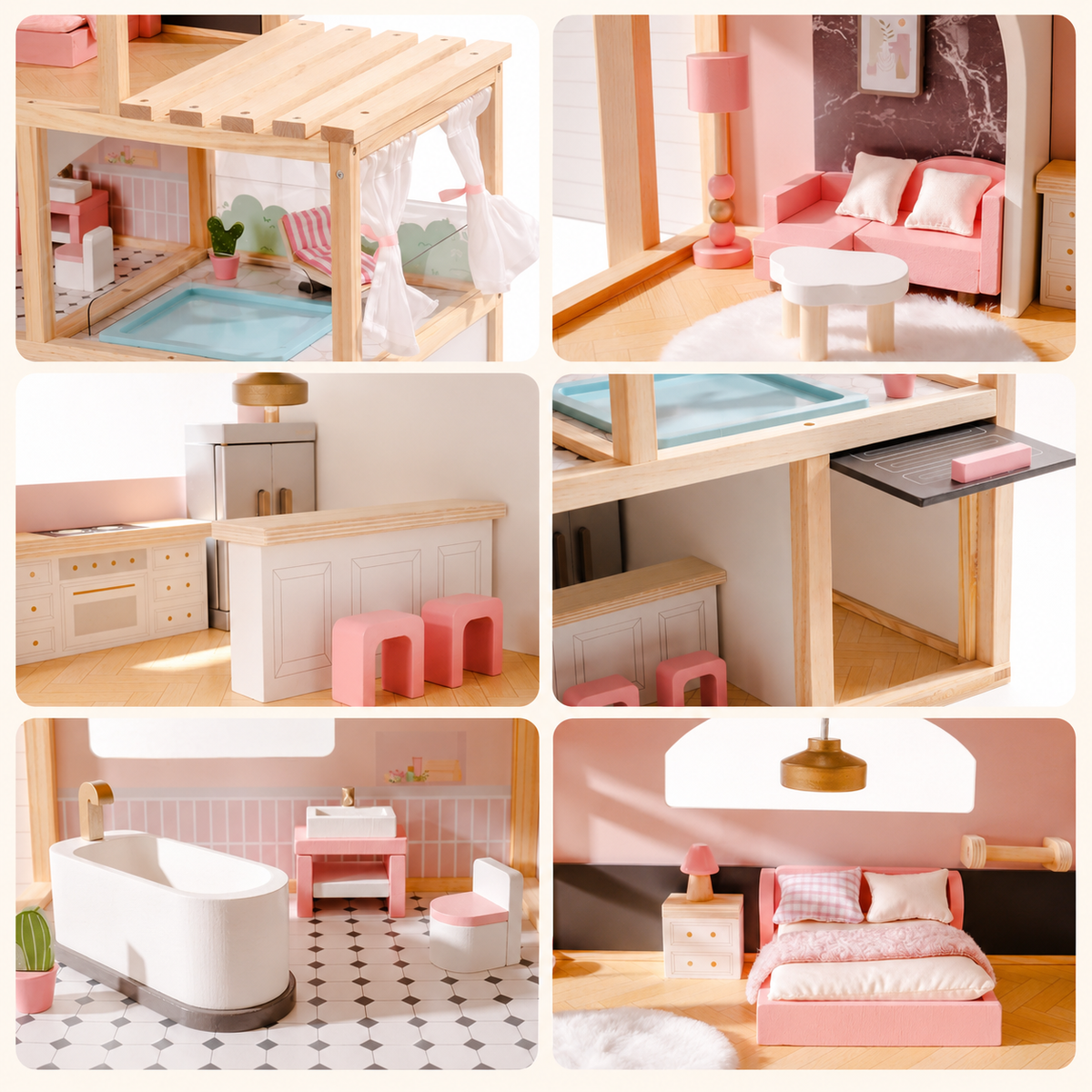 Houten poppenhuis met meubelset voor kinderen Montessori & Speelgoed