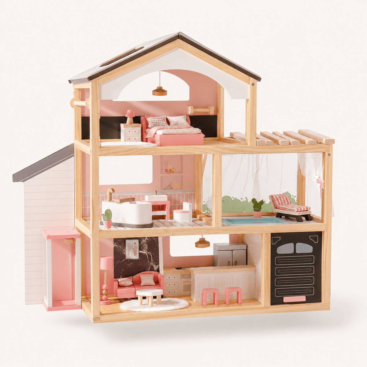 Houten poppenhuis met meubelset voor kinderen Montessori & Speelgoed
