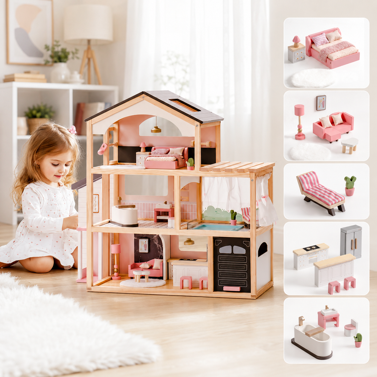 Houten poppenhuis met meubelset voor kinderen Montessori & Speelgoed