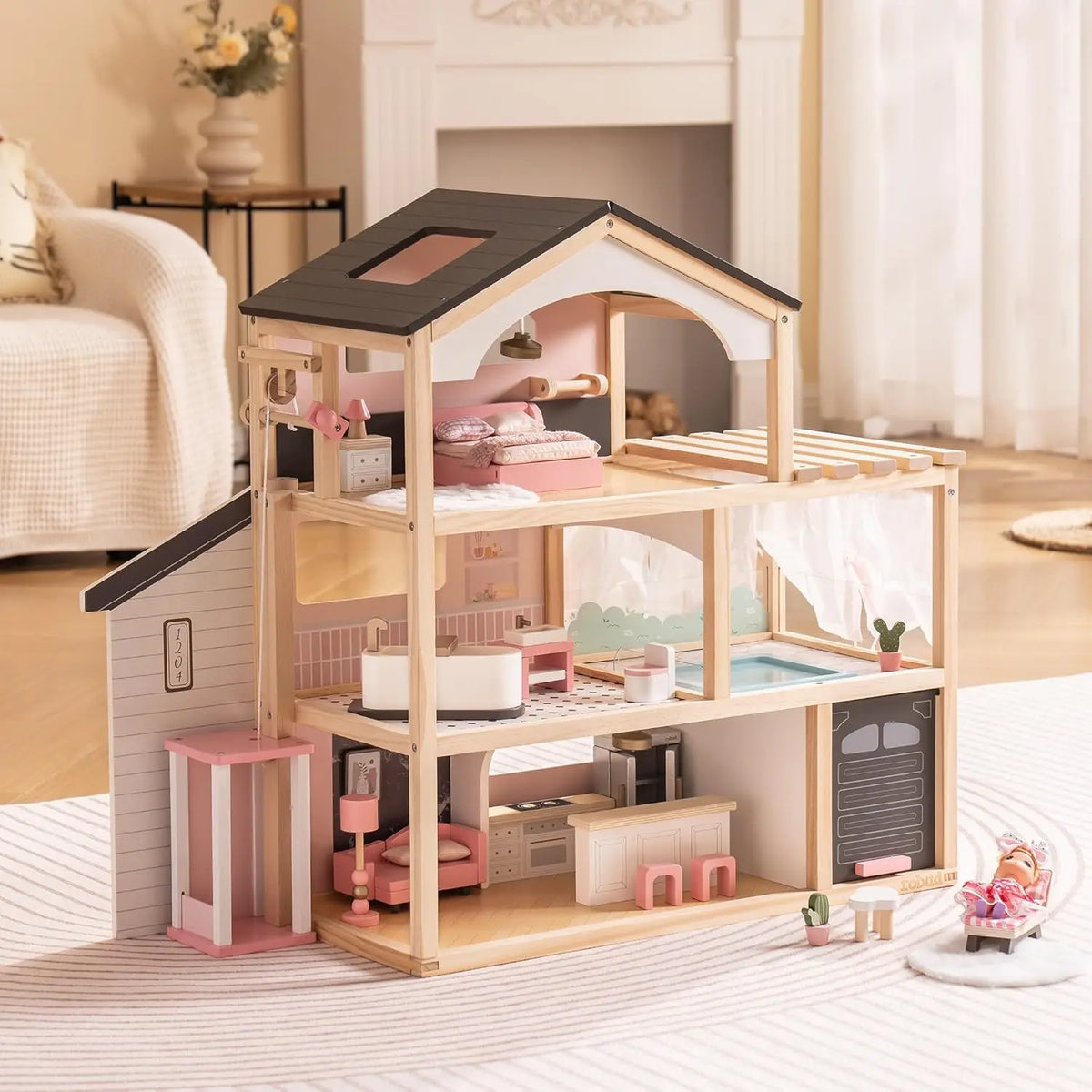 Houten poppenhuis met meubelset voor kinderen Montessori & Speelgoed