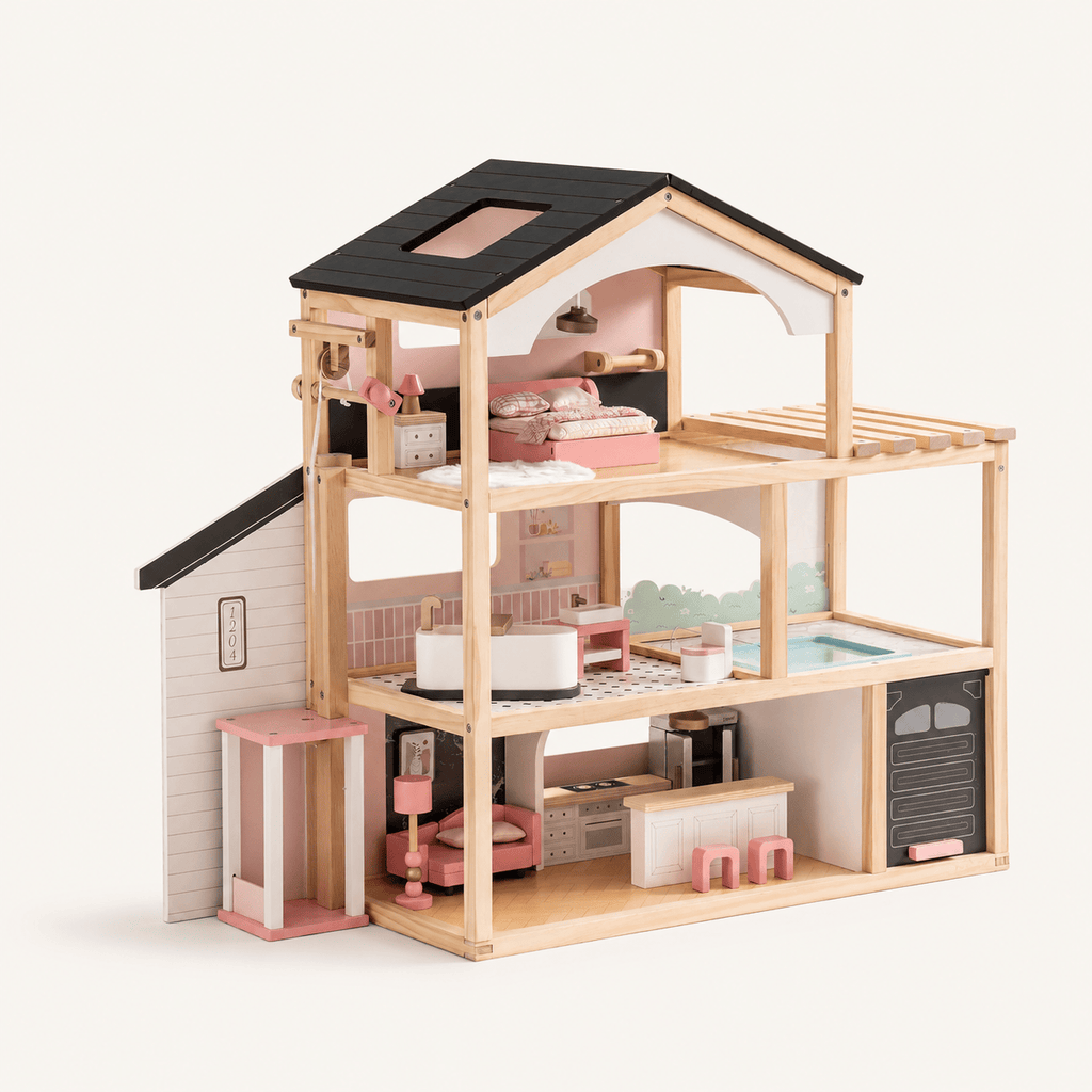 Houten poppenhuis met meubelset voor kinderen Montessori & Speelgoed