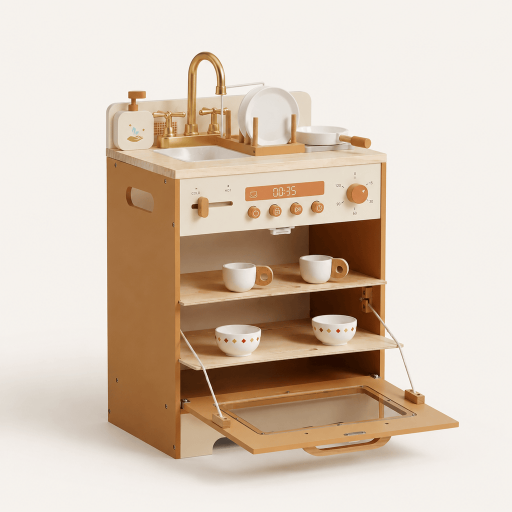 Houten speelkeuken complete set voor kinderen abrikoos Montessori & Speelgoed