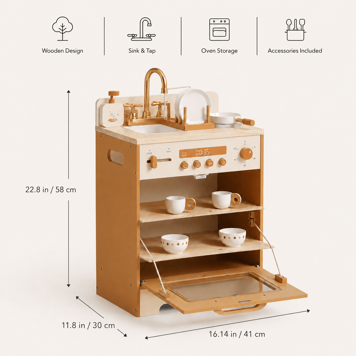 Houten speelkeuken complete set voor kinderen abrikoos Montessori & Speelgoed