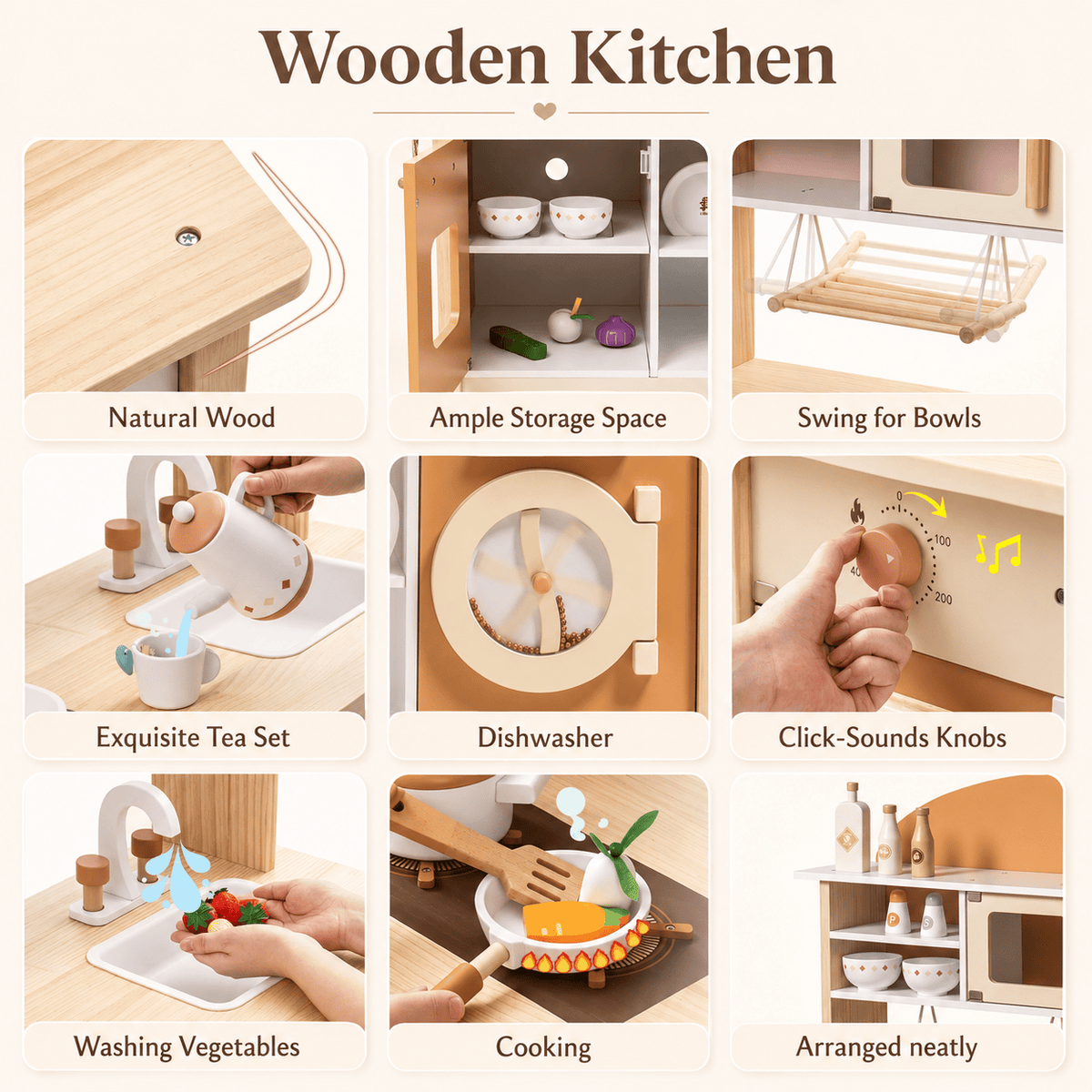 Houten speelkeuken complete set voor kinderen abrikoos Montessori & Speelgoed