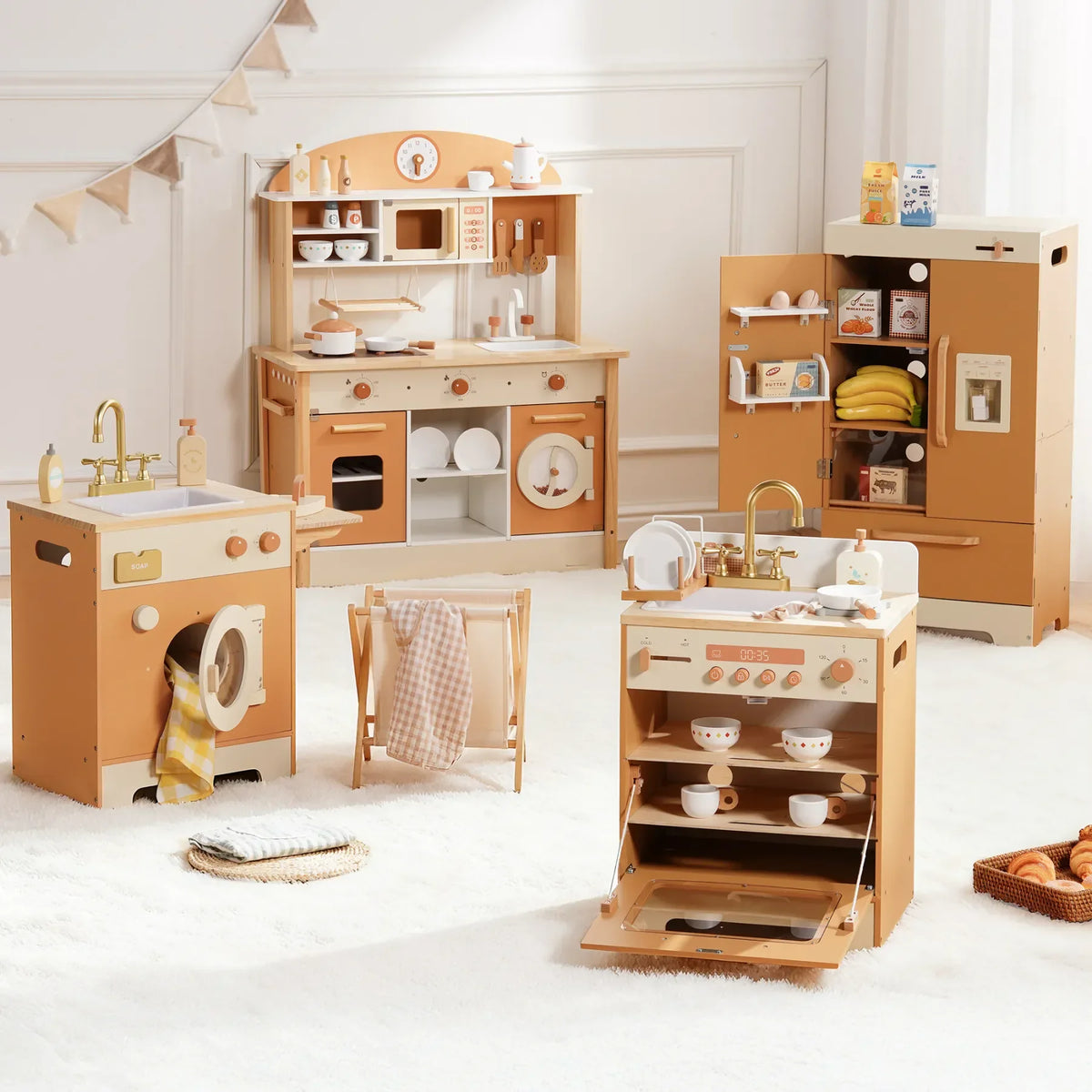 Houten speelkeuken complete set voor kinderen abrikoos Montessori & Speelgoed