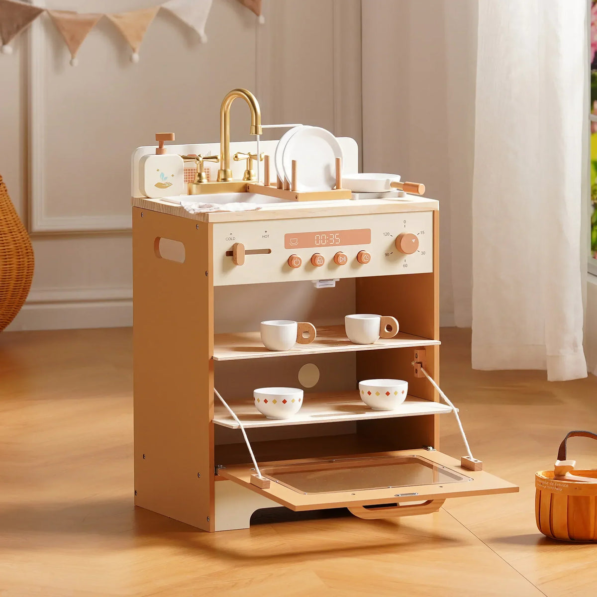 Houten speelkeuken complete set voor kinderen abrikoos Montessori & Speelgoed