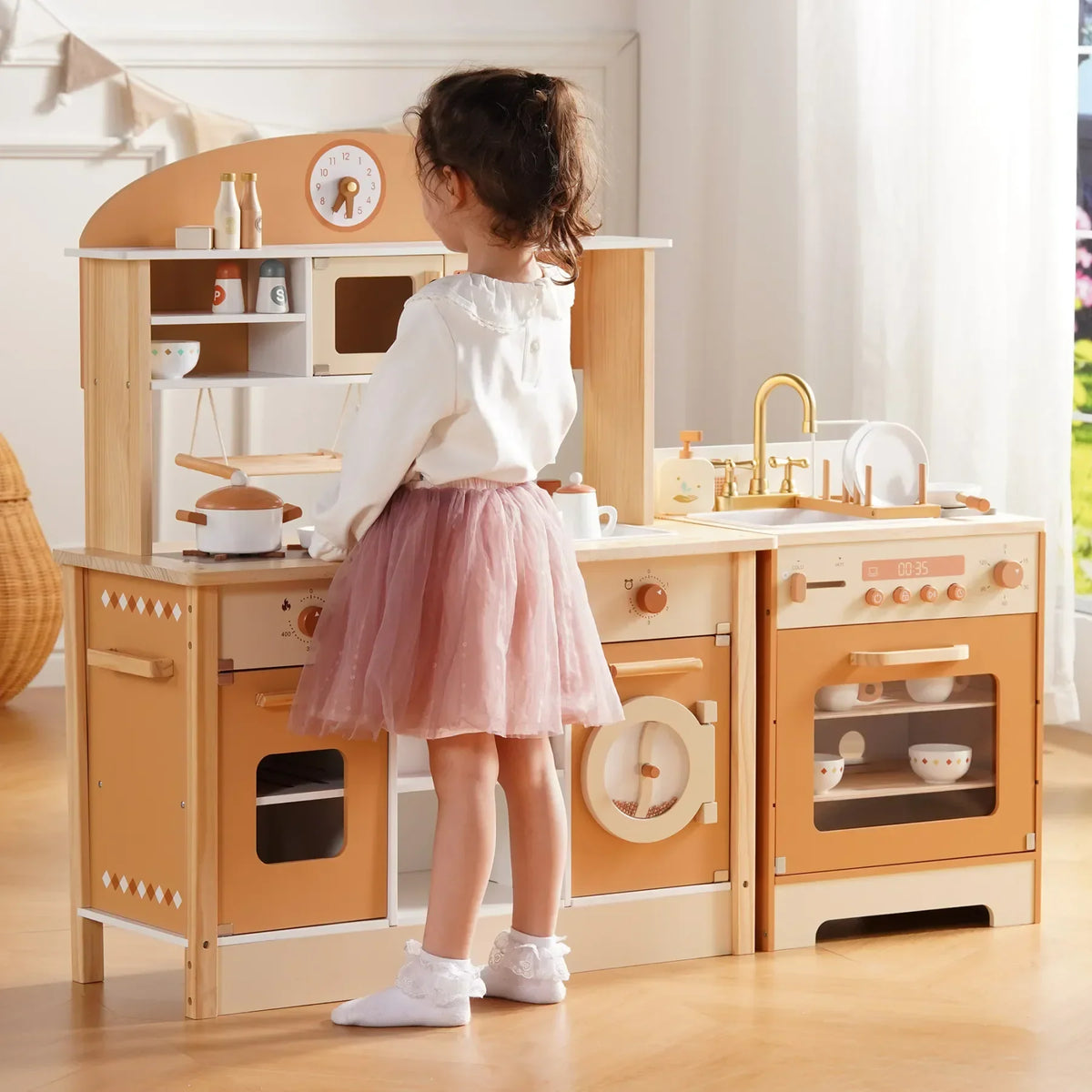 Houten speelkeuken complete set voor kinderen abrikoos Montessori & Speelgoed