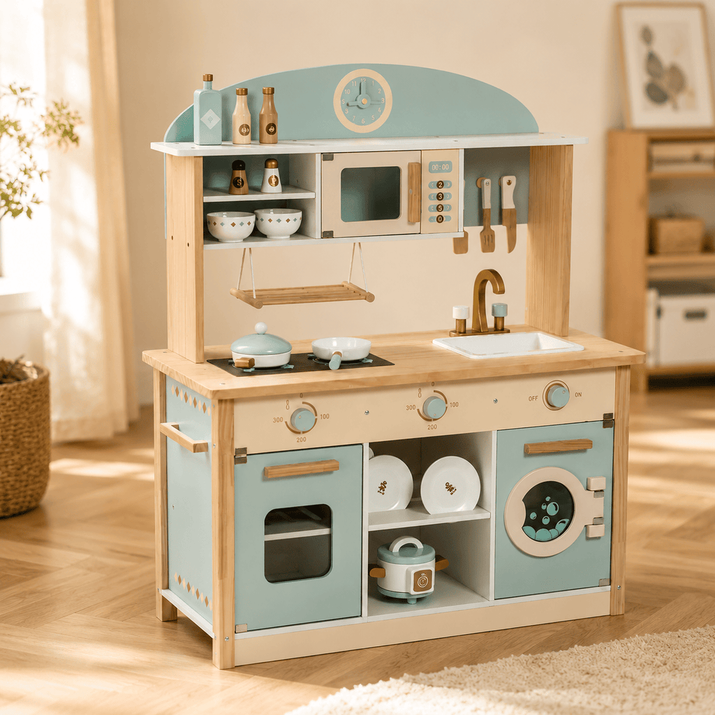 Houten speelkeuken complete set voor kinderen blauw Montessori & Speelgoed