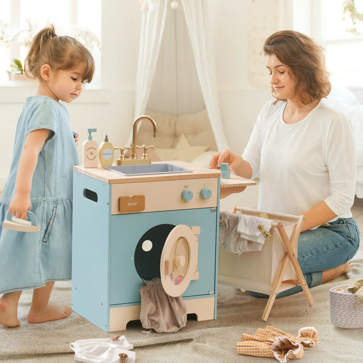 Houten speelkeuken complete set voor kinderen blauw Montessori & Speelgoed