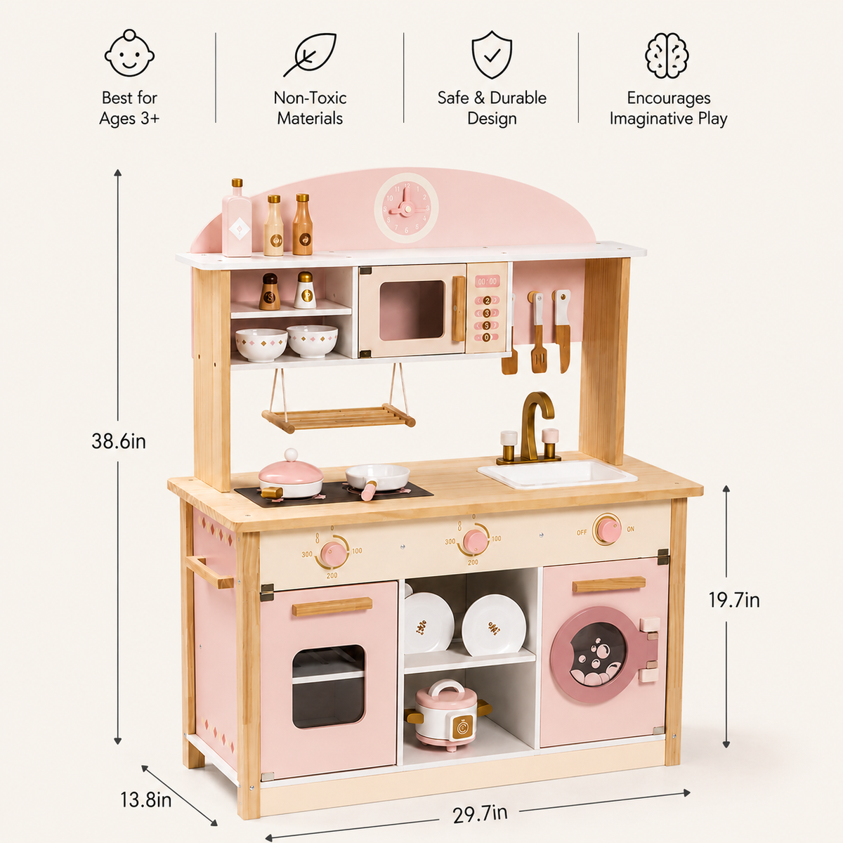Houten speelkeuken complete set voor kinderen roze Montessori & Speelgoed