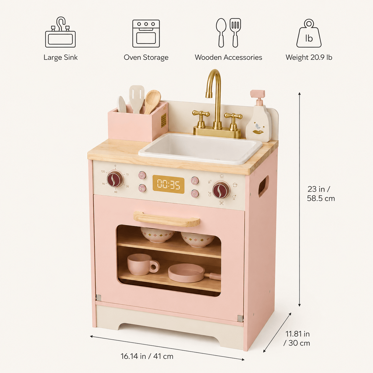 Houten speelkeuken complete set voor kinderen roze Montessori & Speelgoed