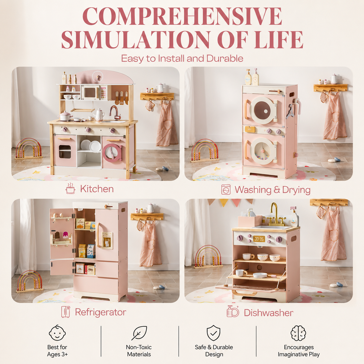 Houten speelkeuken complete set voor kinderen roze Montessori & Speelgoed