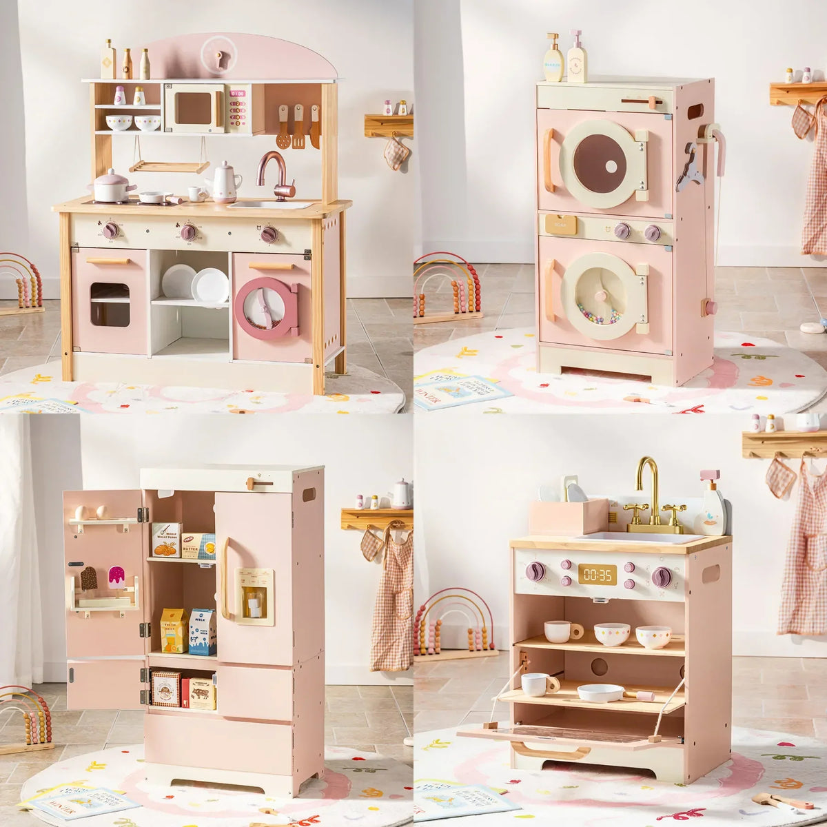 Houten speelkeuken complete set voor kinderen roze Montessori & Speelgoed