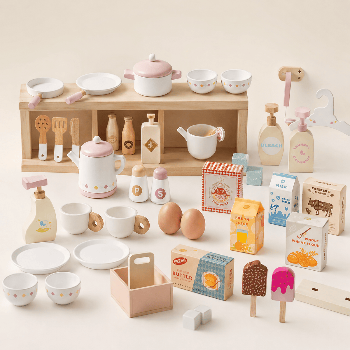 Houten speelkeuken complete set voor kinderen roze Montessori & Speelgoed
