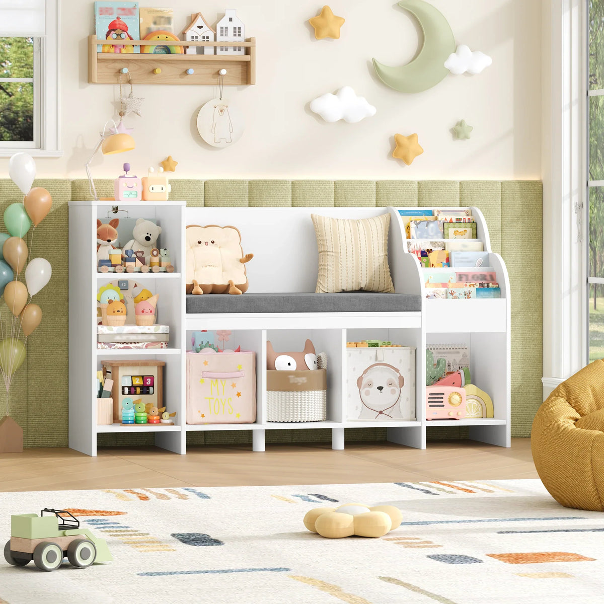 Kinderboekenkast en speelgoedopberger met leesbank Montessori & Speelgoed