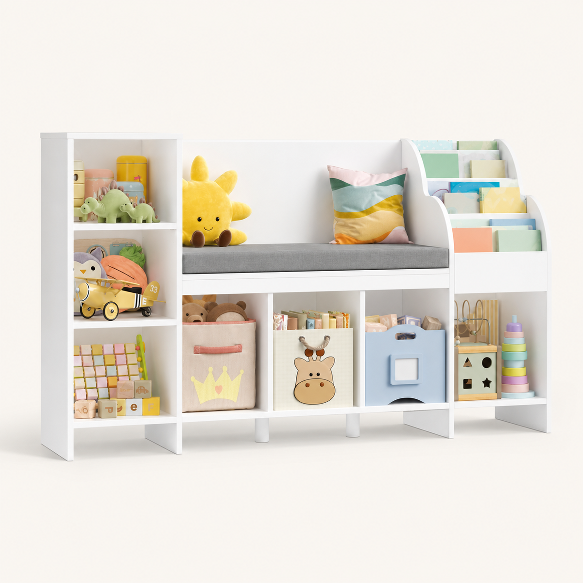 Kinderboekenkast en speelgoedopberger met leesbank Montessori & Speelgoed