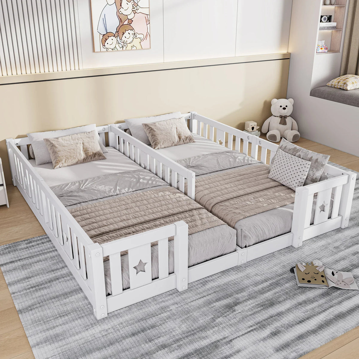 Montessori dubbel vloerbed met sterrenreling Montessori & Speelgoed