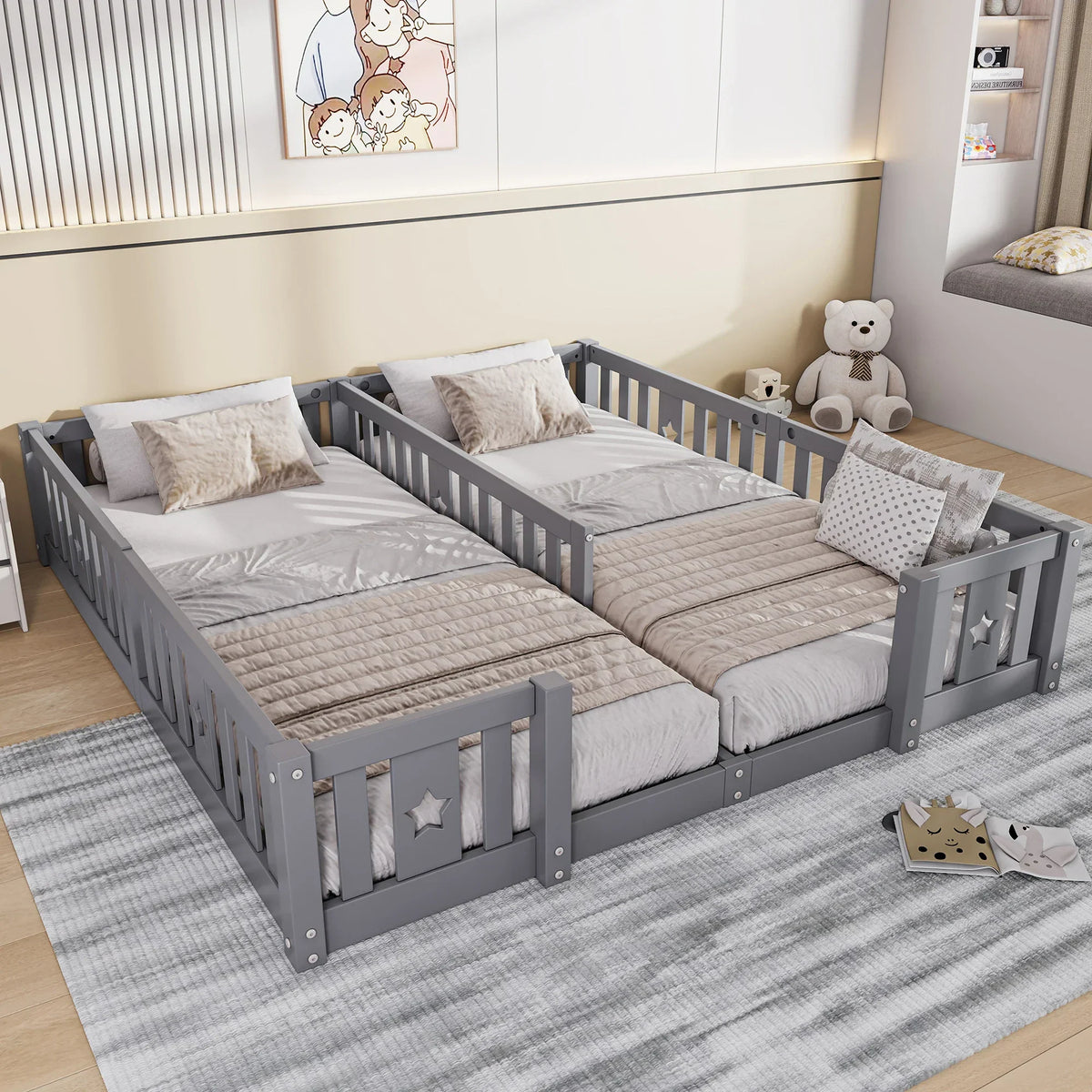 Montessori dubbel vloerbed met sterrenreling Montessori & Speelgoed