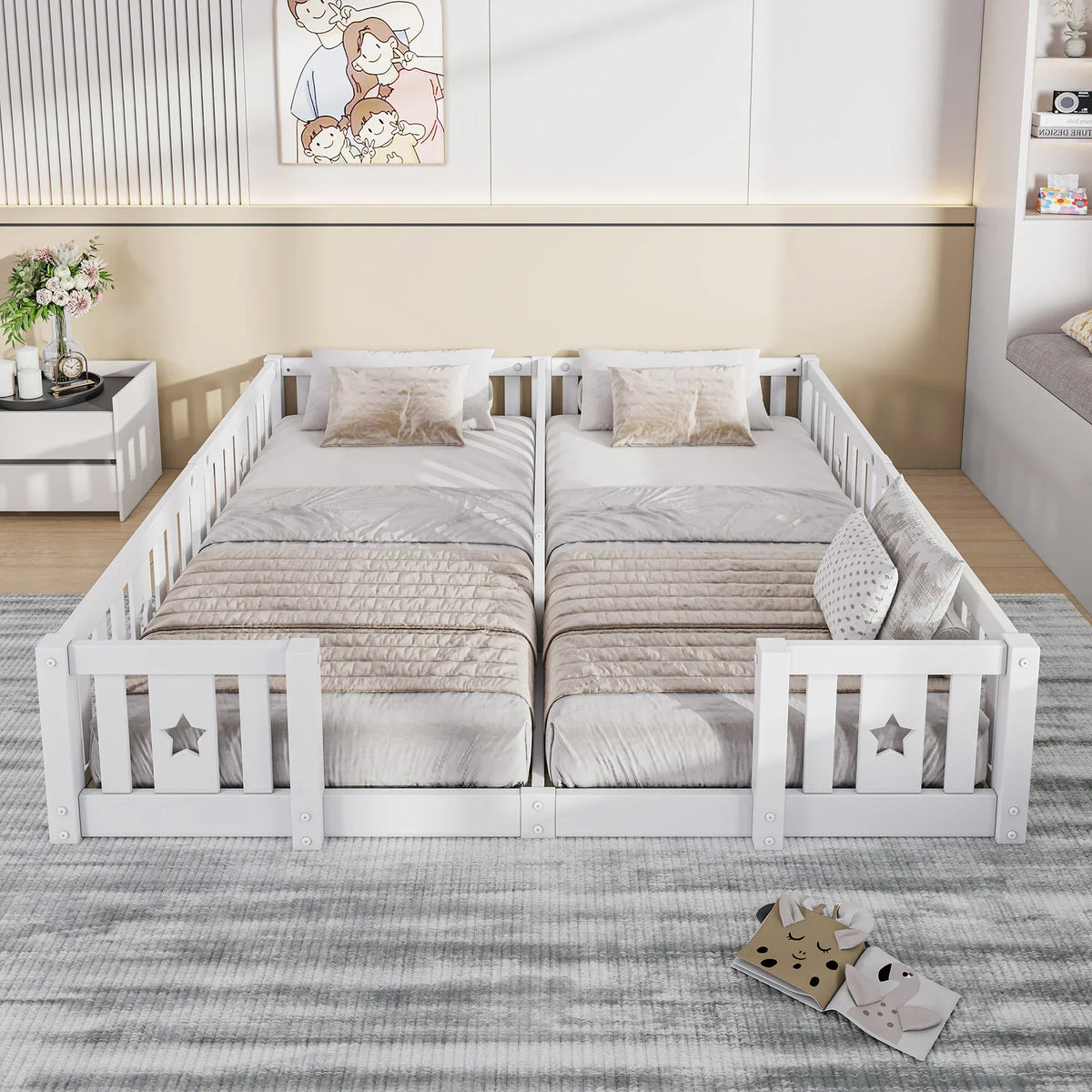 Montessori dubbel vloerbed met sterrenreling Montessori & Speelgoed