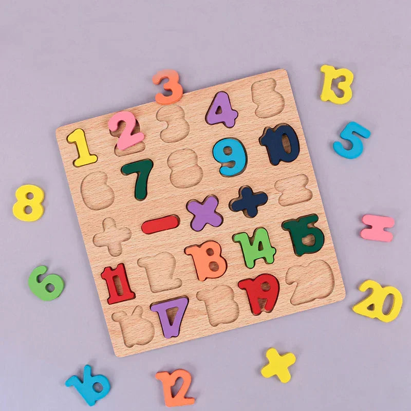 Montessori houten puzzel - letters, cijfers en vormen Montessori & Speelgoed