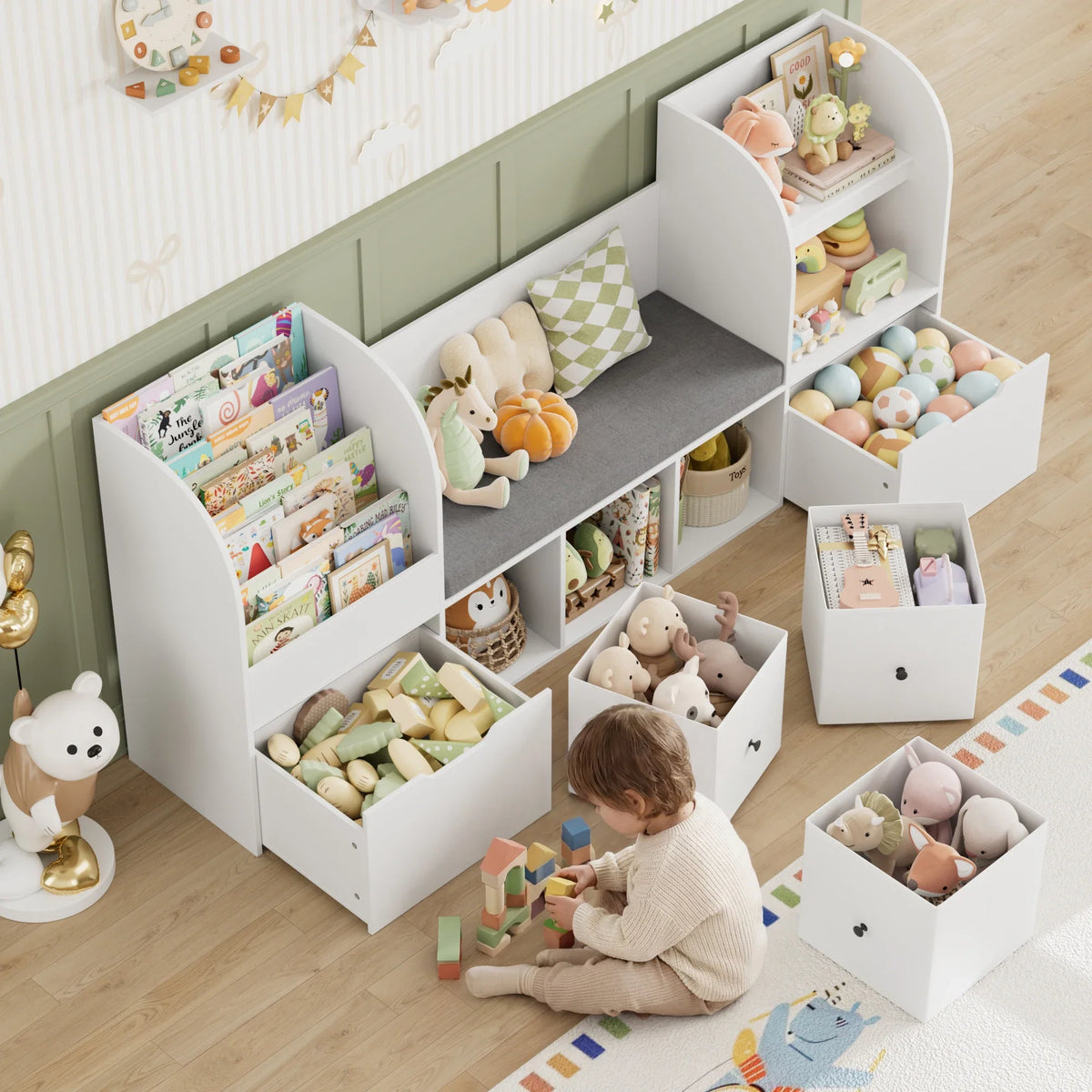 Speelgoedopbergbank voor kinderen 4 laags met stoffen lades Montessori & Speelgoed
